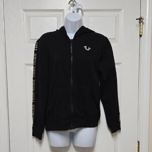 True Relogion Black Zip-Up Hoodie with Gold Logo